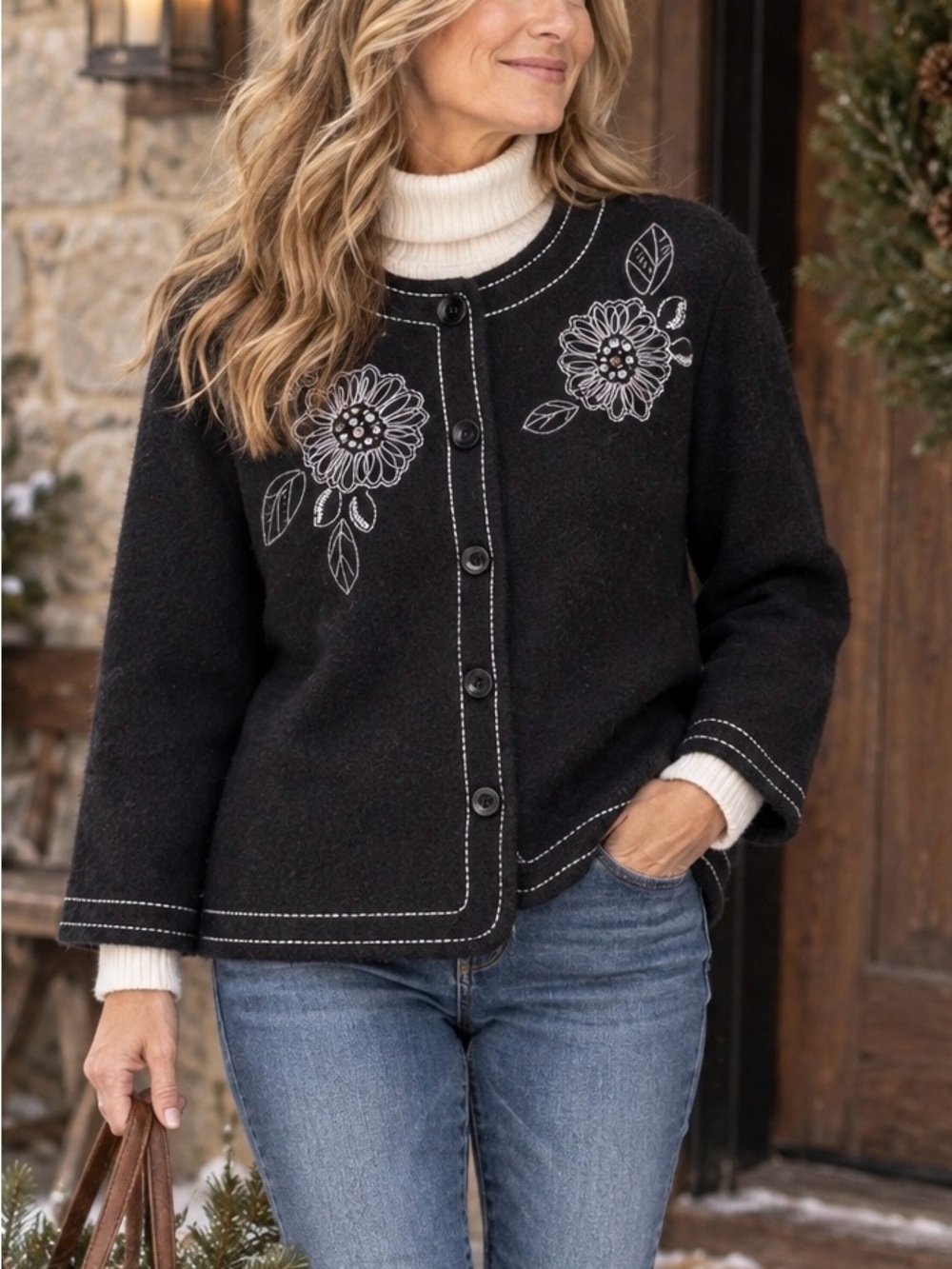 Samantha Grey Wool Cardigan L Black Floral Embroidered Beaded Boiled Wool Look